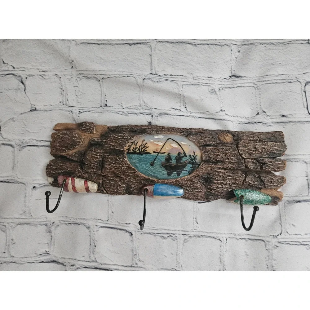Rustic Fishing Wall Hook Rack Cabin Decor - 3 Hooks Log Look & Bobbers